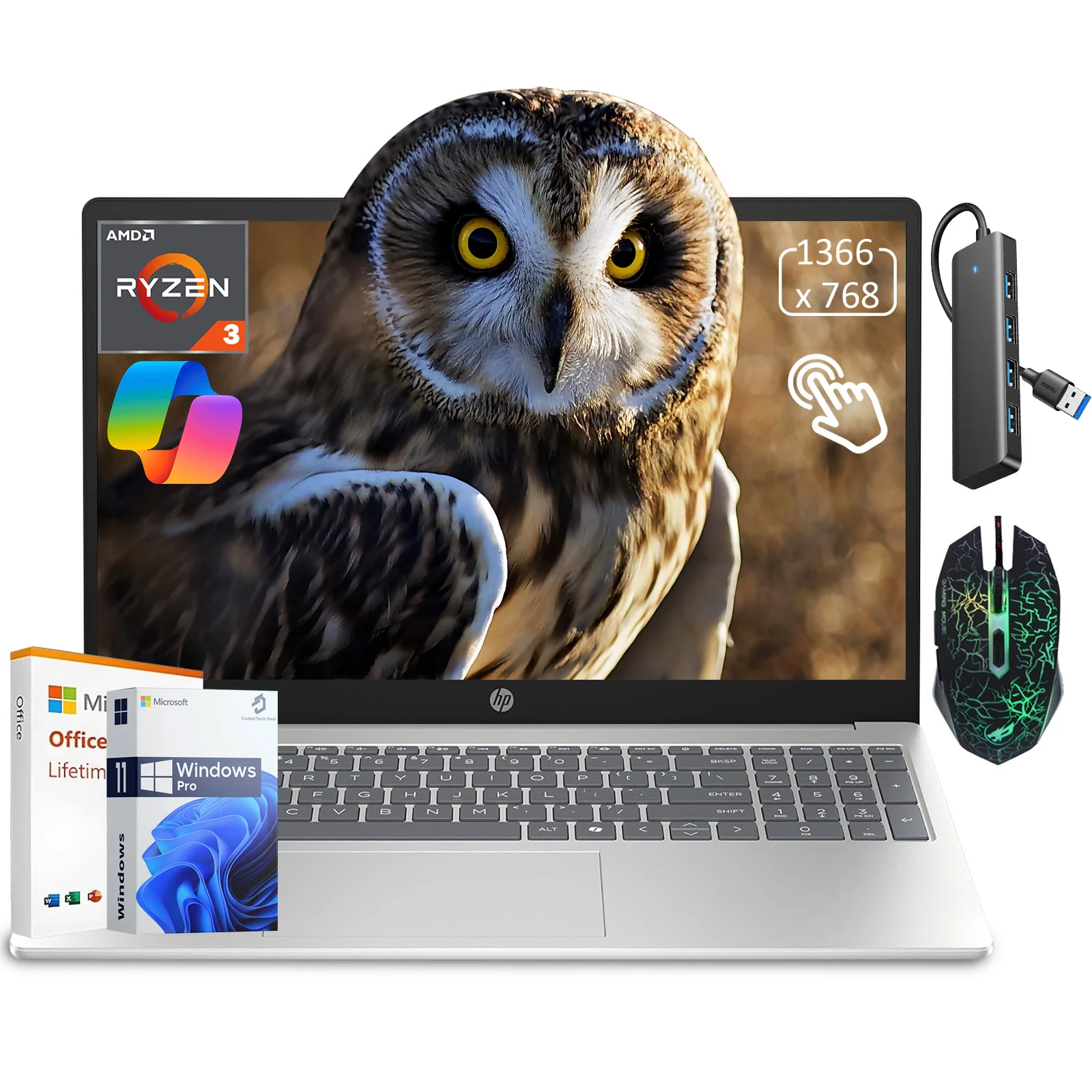 HP 15.6" Touchscreen Laptop for Business & Student, AMD Ryzen 3 7320U, 8 GB RAM, Up to 1TB SSD, Win 11 Pro with Lifetime MS