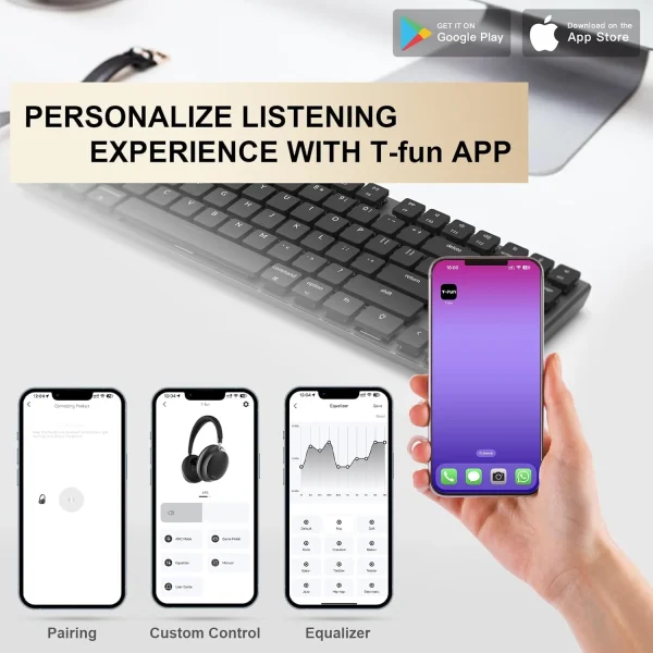 APP T-fun NC45 Bluetooth Active Noise Cancelling Headphones, Comfortable Wireless Over Ear Headphones with Mic, Hi-Res Audio, - Image 4