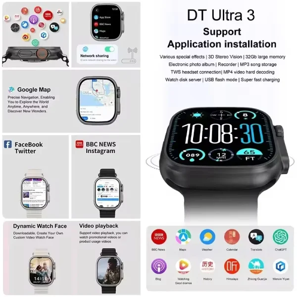 DT Ultra 3 Smartwatch Amoled Screen 4GB MP3 MP4 Player Bluetooth Network Sharing APP Store ChatGPT Smart AI Watch Men Sportwatch - Image 3